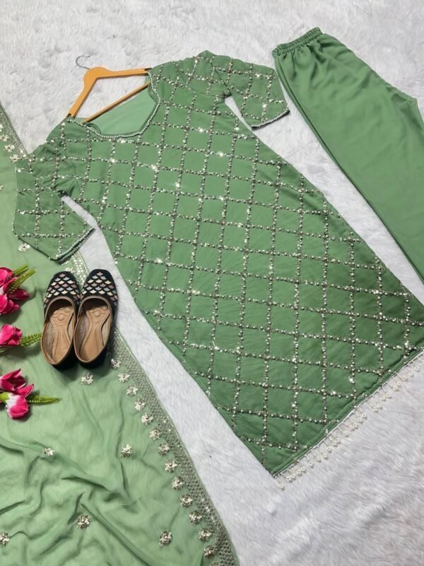 Pakistani Georgette Pearl Work Suit - 3Pc - Rust, Green, Blue