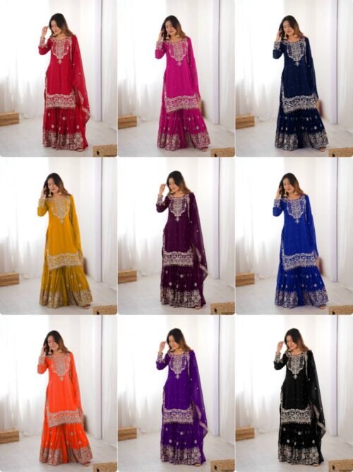 Chinnon - 3Pc Gharara Suit - Kurti, Gharara & Dupatta - Multiple Colors
