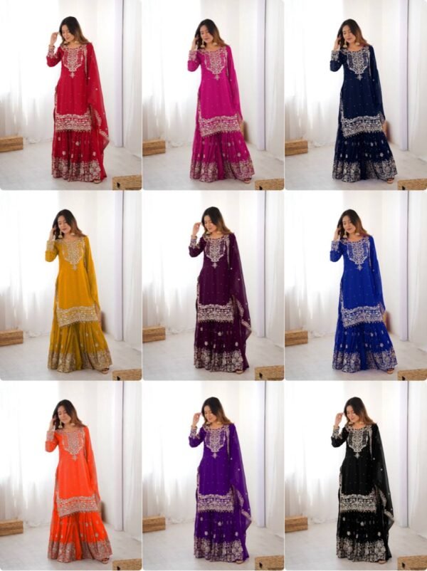 Chinnon - 3Pc Gharara Suit - Kurti, Gharara & Dupatta - Multiple Colors