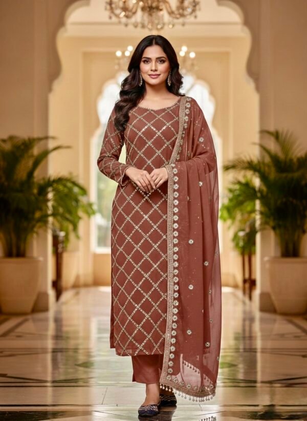 Pakistani Georgette Pearl Work Suit - 3Pc - Rust, Green, Blue