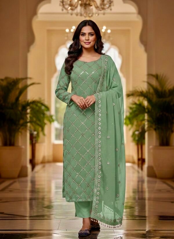 Pakistani Georgette Pearl Work Suit - 3Pc - Rust, Green, Blue