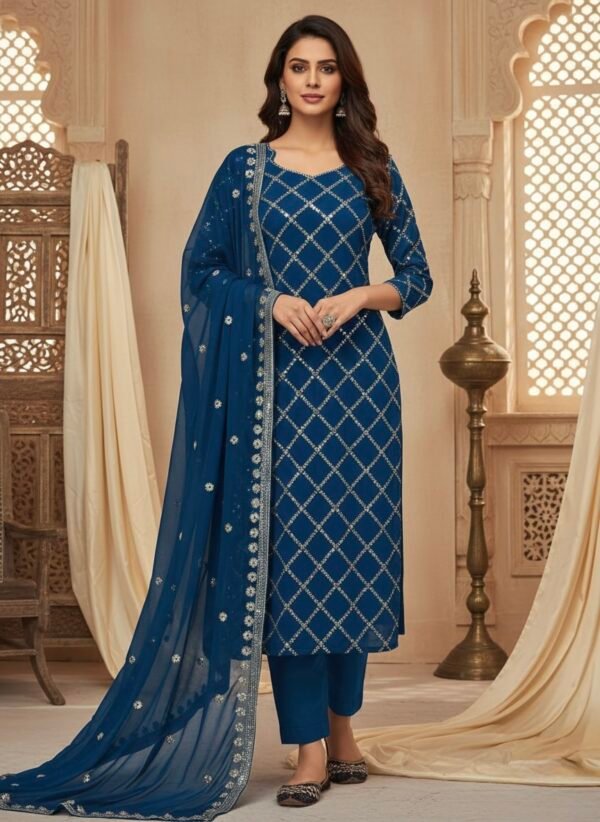 Pakistani Georgette Pearl Work Suit - 3Pc - Rust, Green, Blue