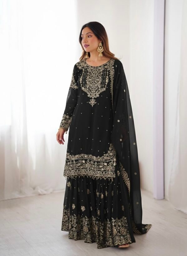 Chinnon - 3Pc Gharara Suit - Kurti, Gharara & Dupatta - Multiple Colors