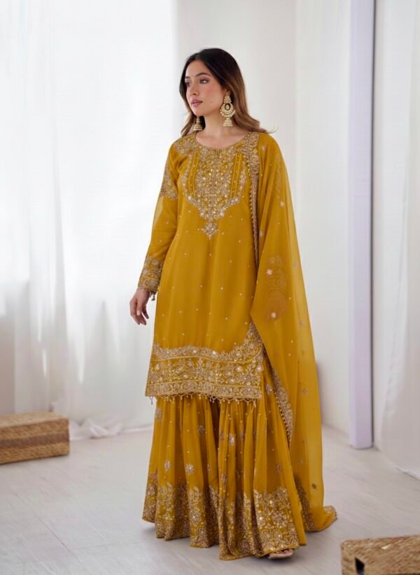 Chinnon - 3Pc Gharara Suit - Kurti, Gharara & Dupatta - Multiple Colors