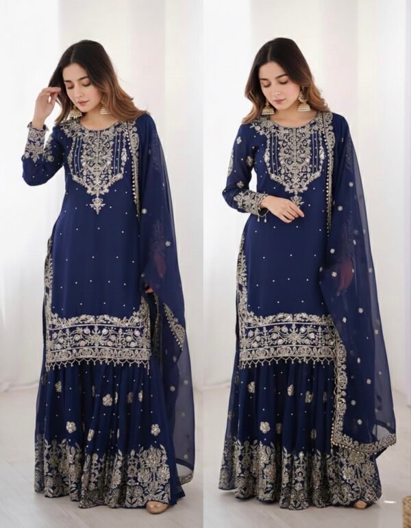 Chinnon - 3Pc Gharara Suit - Kurti, Gharara & Dupatta - Multiple Colors