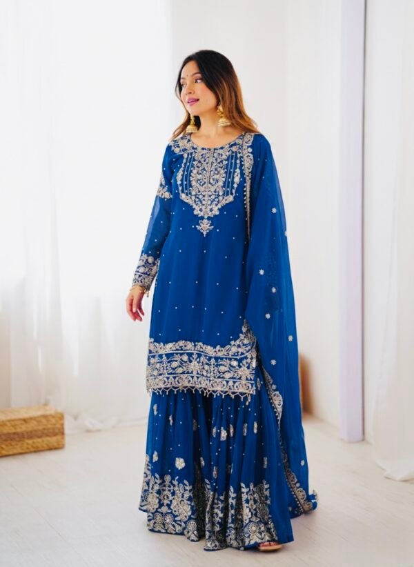 Chinnon - 3Pc Gharara Suit - Kurti, Gharara & Dupatta - Multiple Colors