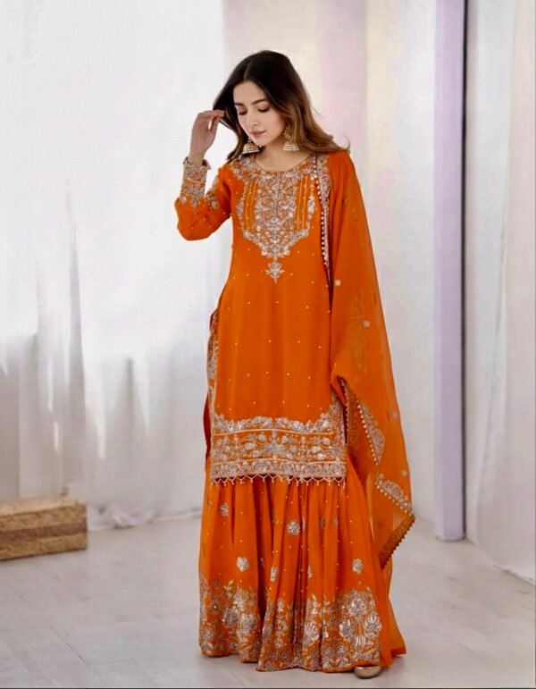 Chinnon - 3Pc Gharara Suit - Kurti, Gharara & Dupatta - Multiple Colors