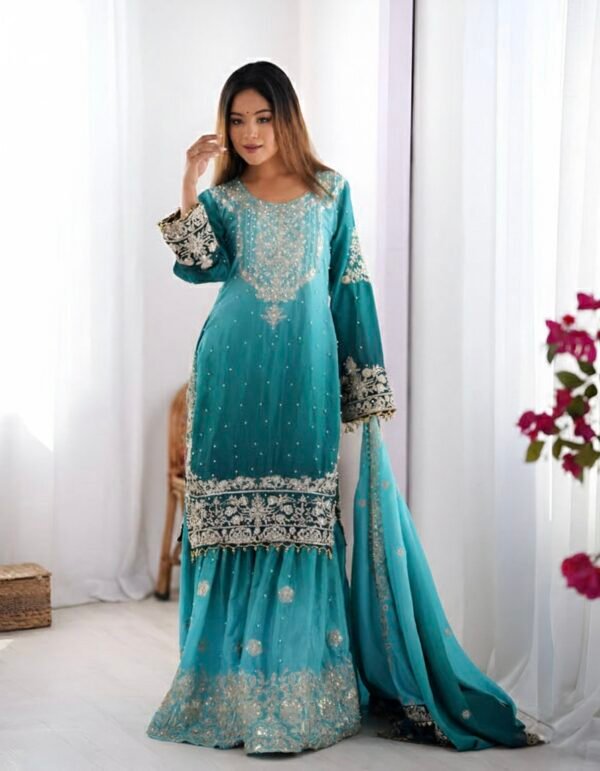 Chinnon - 3Pc Gharara Suit - Kurti, Gharara & Dupatta - Multiple Colors