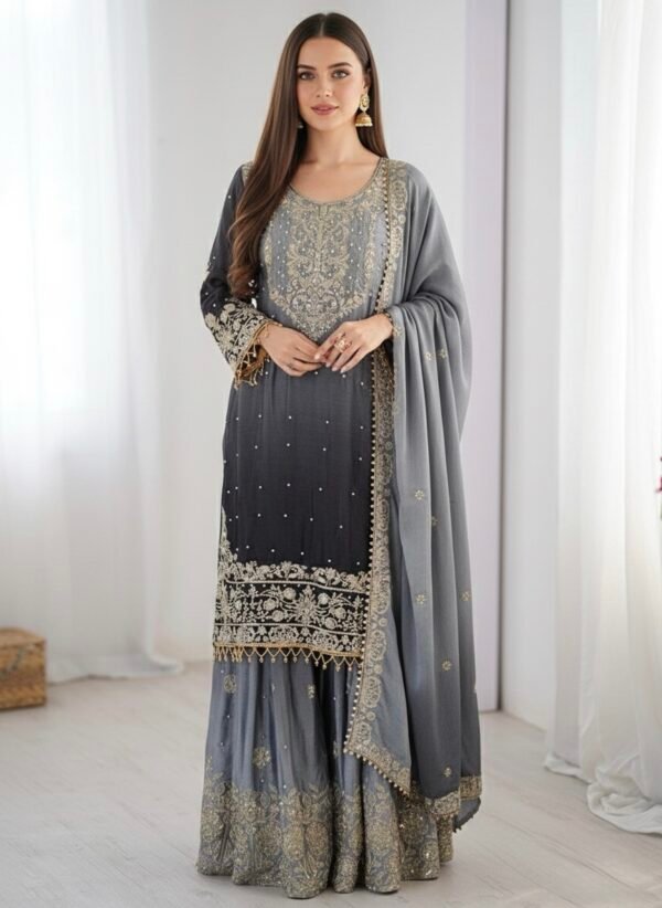 Chinnon - 3Pc Gharara Suit - Kurti, Gharara & Dupatta - Multiple Colors