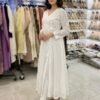 Dobby Cotton Long Angrakha Chikankari Kurti - White (Front Slit)