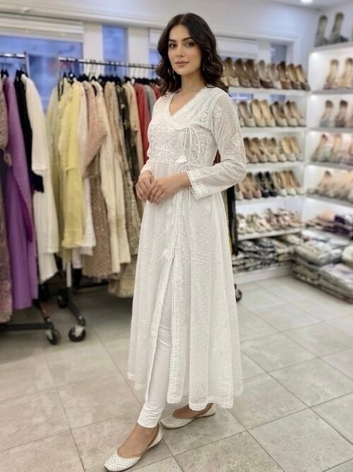Dobby Cotton Long Angrakha Chikankari Kurti - White (Front Slit)