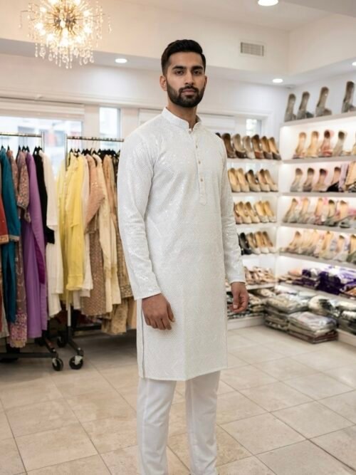White Sequence Work Kurta Pajama