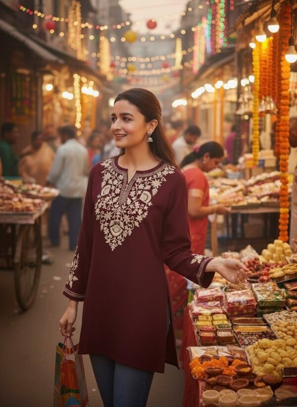 Malmal Short Lenght Kurti with Ariwork Kashmiri Embroidery - Multiple Colors