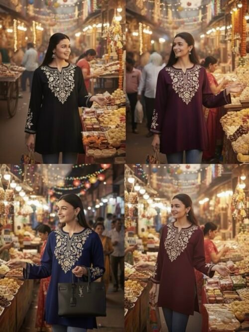 Malmal Short Lenght Kurti with Ariwork Kashmiri Embroidery - Multiple Colors