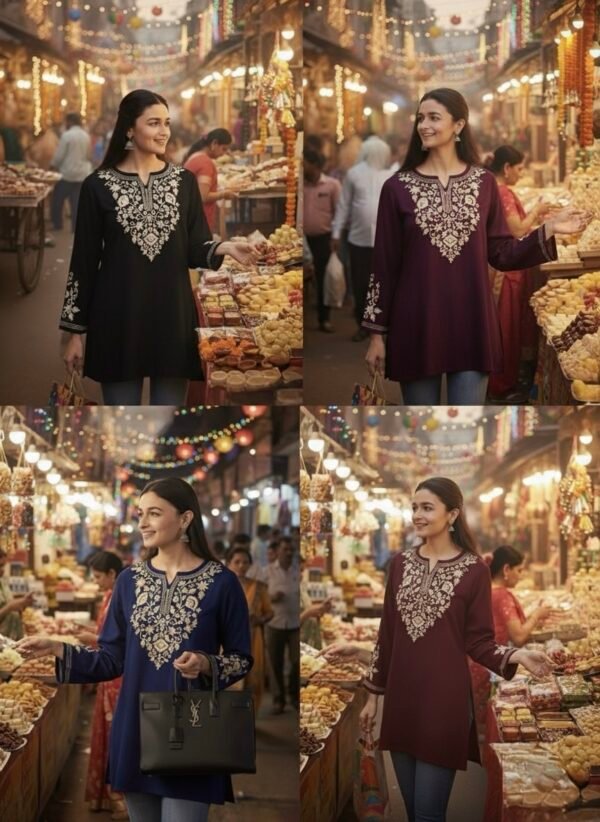 Malmal Short Lenght Kurti with Ariwork Kashmiri Embroidery - Multiple Colors