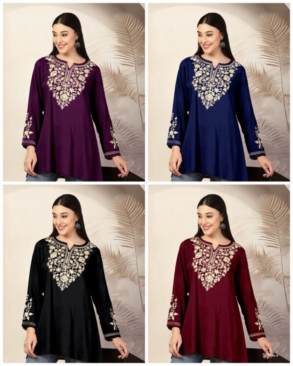 Malmal Short Lenght Kurti with Ariwork Kashmiri Embroidery - Multiple Colors