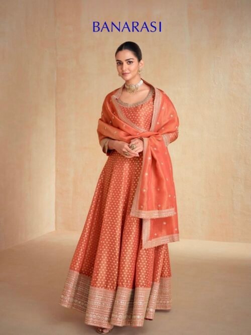 Banarasi Partwear Mysore Silk Gowns - Olive Green Rusty Orange