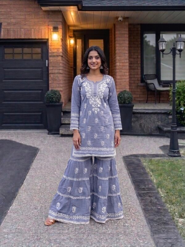 Malmal Lucknowi Chikankari Gharara Sets (Hand Embroidered) - Multiple Colors