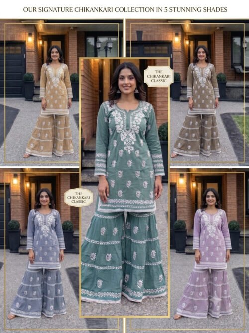 Malmal Lucknowi Chikankari Gharara Sets (Hand Embroidered) - Multiple Colors