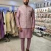 Silk Kurta with Embroidered Nehru Jacket - 3pc - Green & Wine