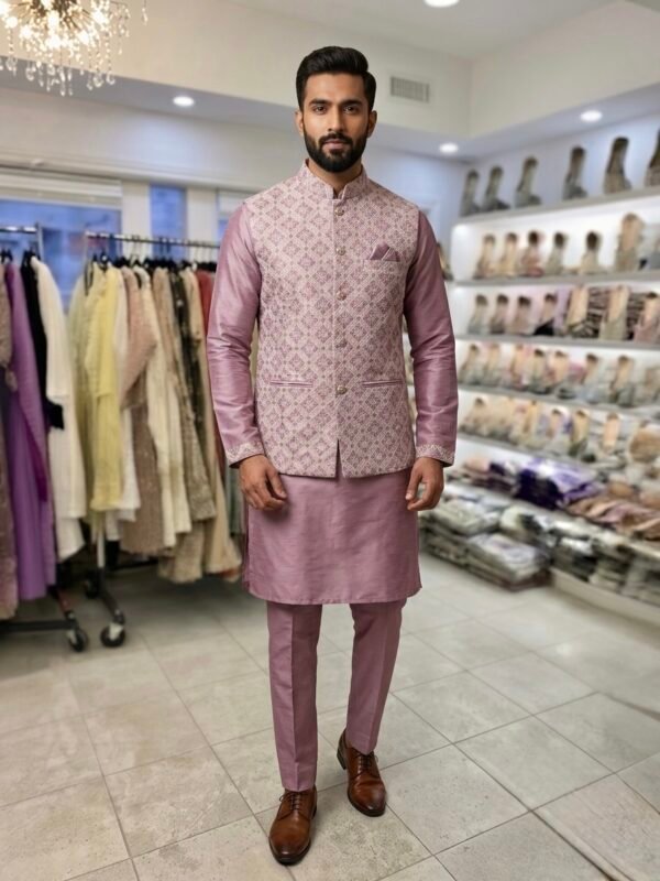 Silk Kurta with Embroidered Nehru Jacket - 3pc - Green & Wine
