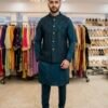 Silk Kurta with Embroidered Nehru Jacket - 3pc - Green & Wine