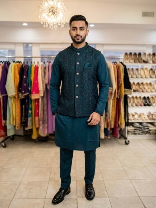 Silk Kurta with Embroidered Nehru Jacket - 3pc - Green & Wine