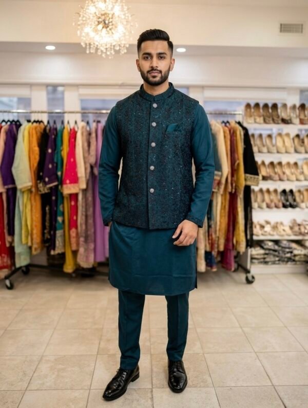 Silk Kurta with Embroidered Nehru Jacket - 3pc - Green & Wine