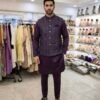 Silk Kurta with Embroidered Nehru Jacket - 3pc - Green & Wine