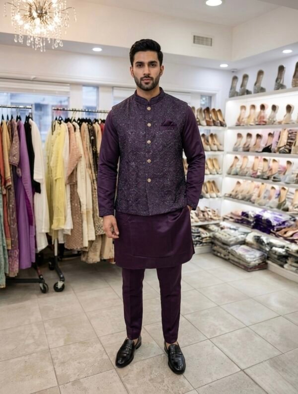 Silk Kurta with Embroidered Nehru Jacket - 3pc - Green & Wine