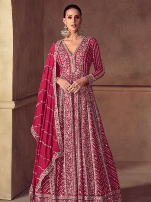 Women's Rani Pink Chinon Silk Embroidered Designer Anarkali Suit - 2 Pc