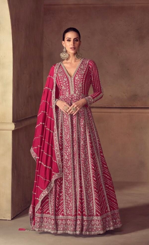 Women's Rani Pink Chinon Silk Embroidered Designer Anarkali Suit - 2 Pc