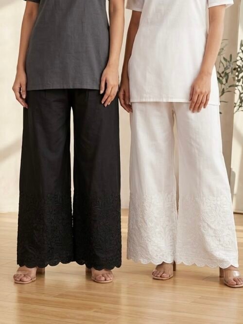Chikankari Plus Size Women's Palazzo - Freesize (L to 5XL) - White and Black