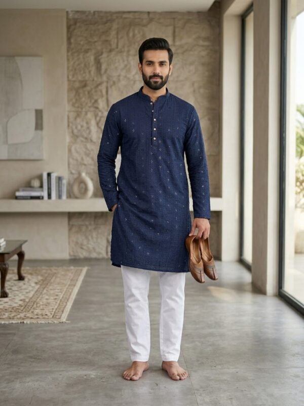 Navy Blue Sequence Chikankari Work Kurta Pajama